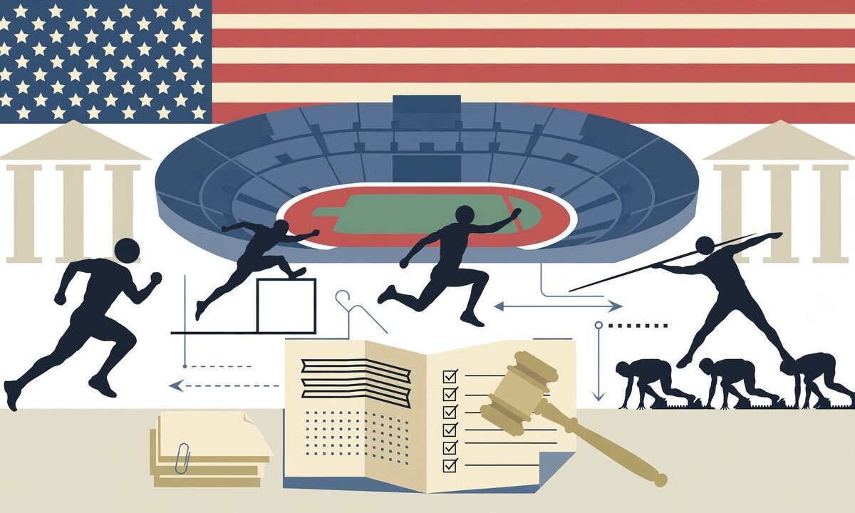 Editorial illustration of a college stadium with a gavel and athlete silhouettes