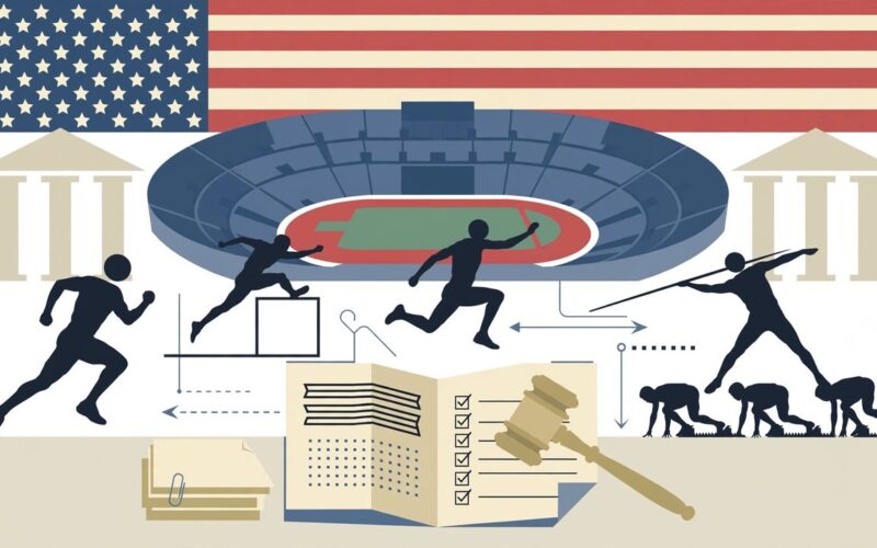 Editorial illustration of a college stadium with a gavel and athlete silhouettes