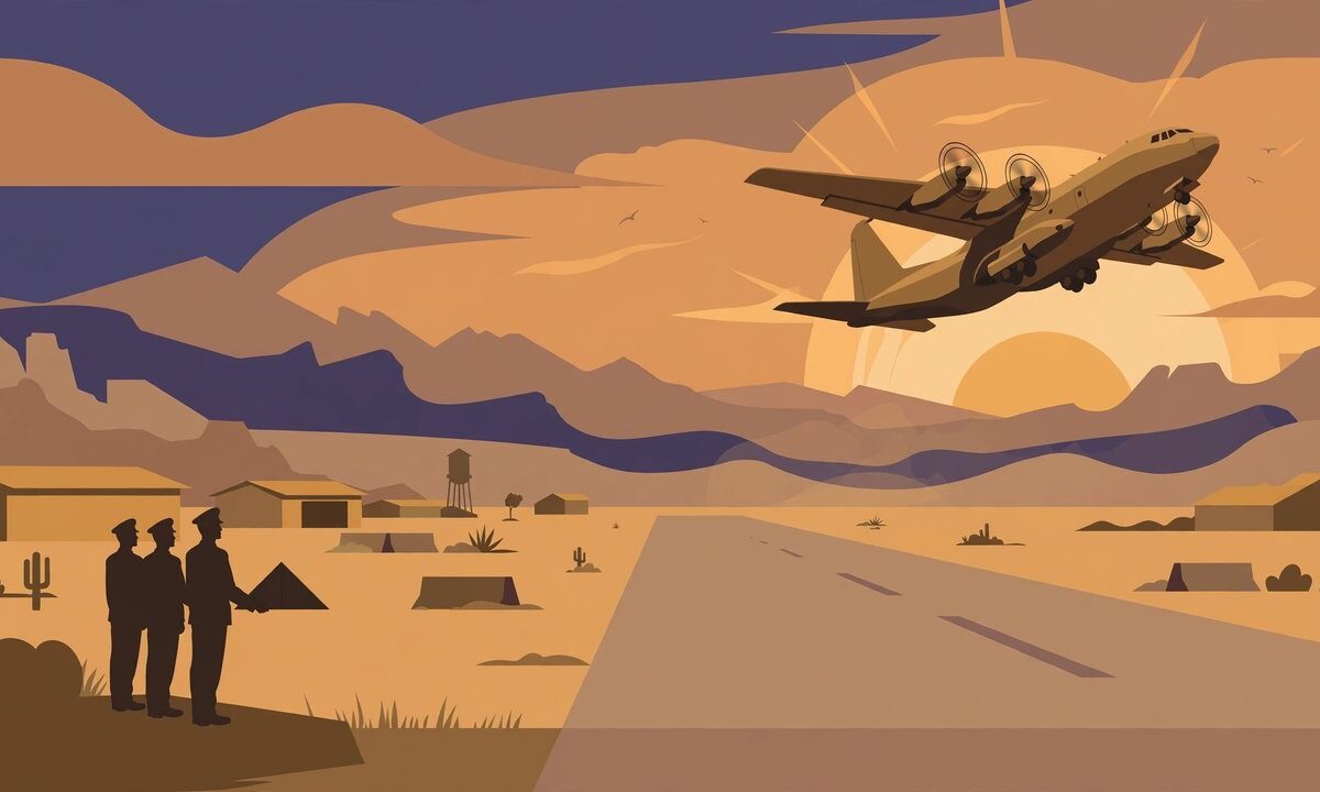 Editorial illustration of military transport planes leaving an airbase at sunset