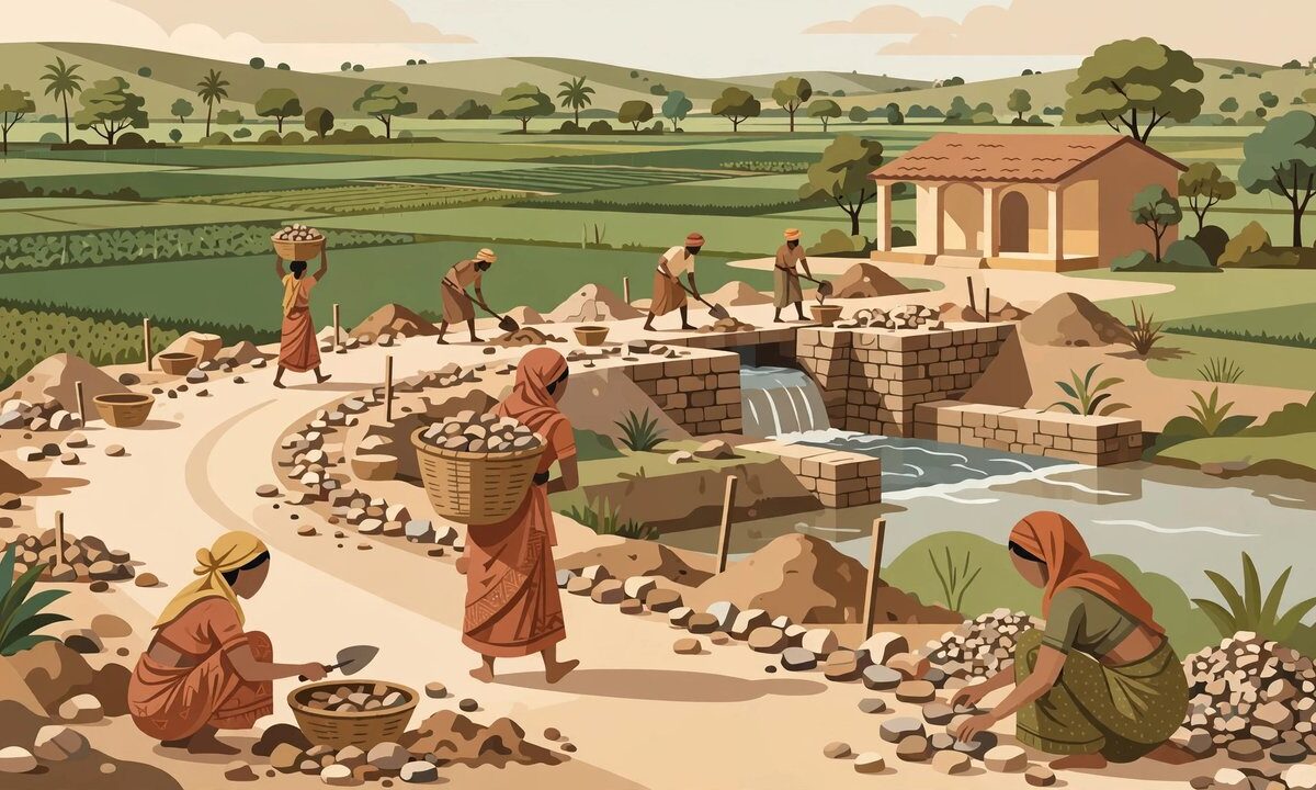 Editorial illustration of rural workers at a village employment site with job cards