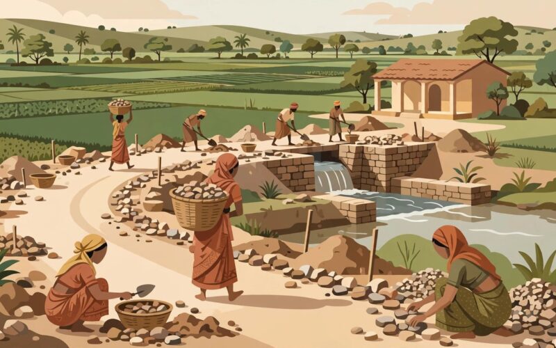 Editorial illustration of rural workers at a village employment site with job cards