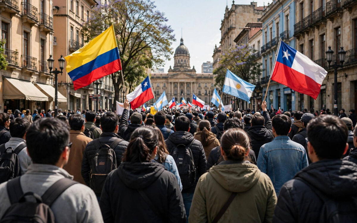 Demonstrators waving flags march down a city street in a daylight protest, seen from behind.