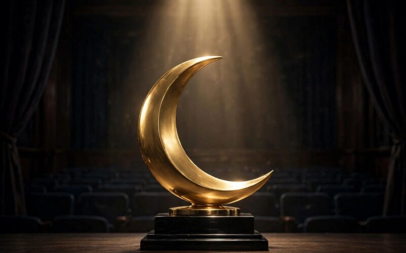 A golden award trophy glowing on a stage under spotlight