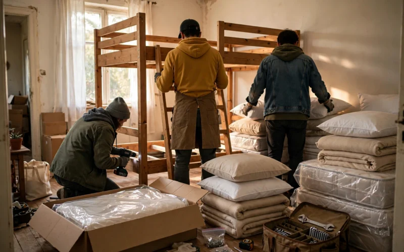 Volunteers delivering and assembling a bunk bed for children in a modest home.