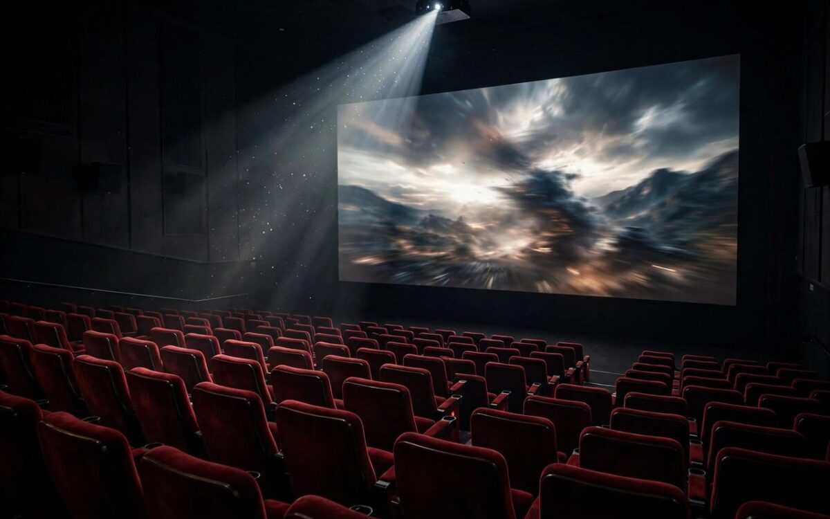 Cinema theatre seats with a film playing on screen