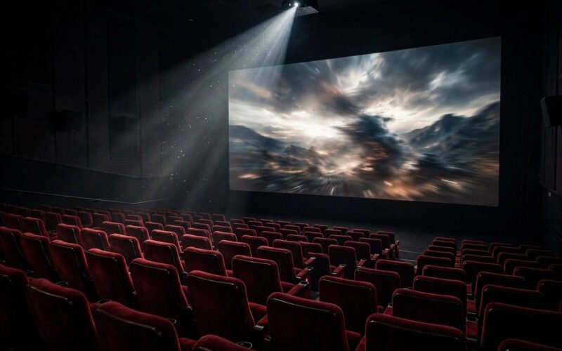 Cinema theatre seats with a film playing on screen