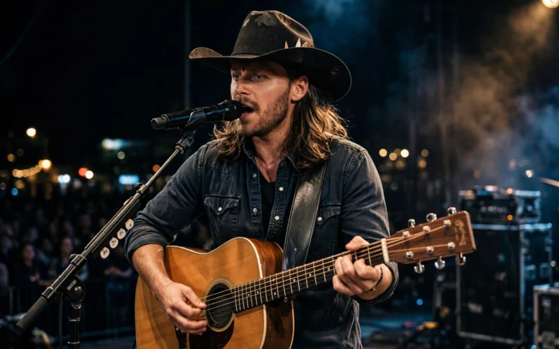 Country singer Warren Zeiders performing on stage with guitar at a concert