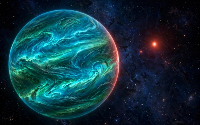 Gas giant planet beside a red dwarf star