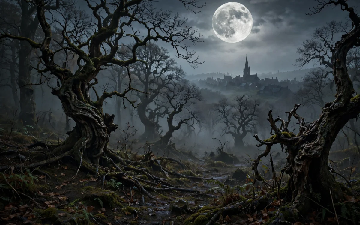 A dark forest under a huge full moon, with the silhouette of a gnarled medieval village in the distance.