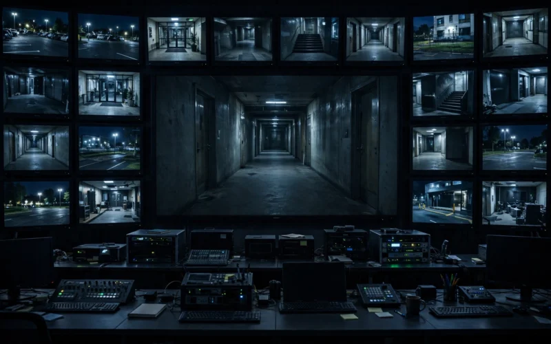 TV control room with glowing screens