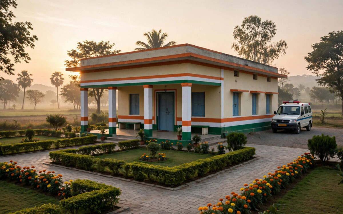 A rural Indian health centre at sunrise with an ambulance parked outside and an empty courtyard.