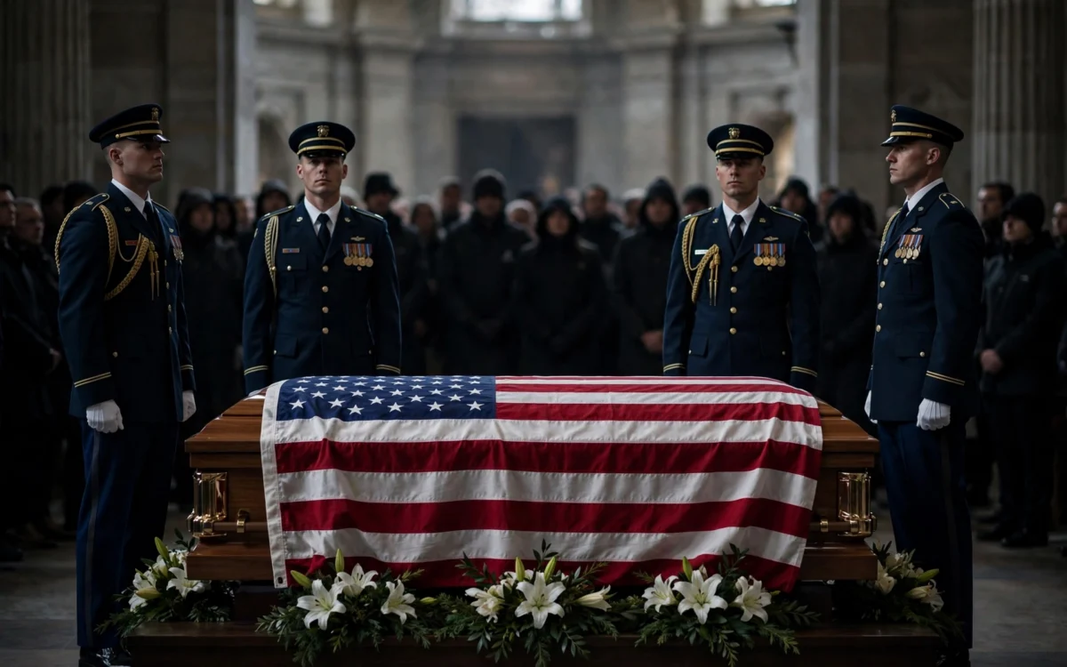 A solemn state funeral scene with Malaysian flags and mourners gathered in tribute.
