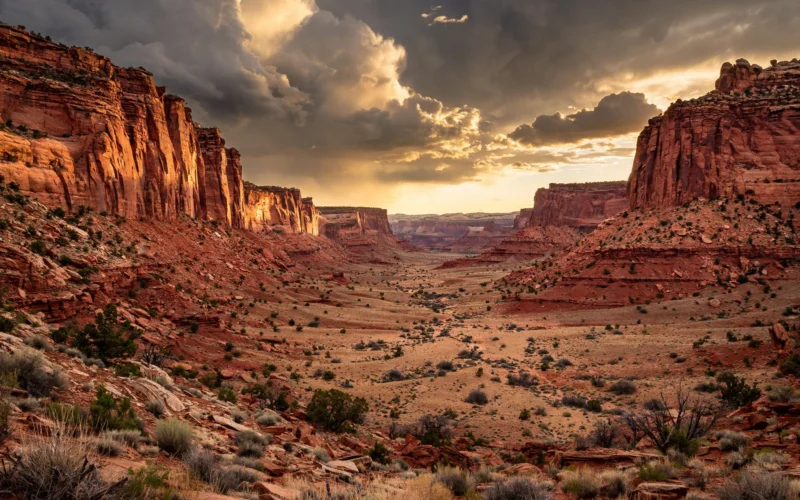 Towering red rock desert cliffs and an empty canyon landscape in Utah at golden hour.