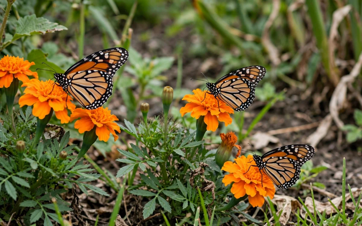 Monarch butterflies resting on orange flowers in a garden