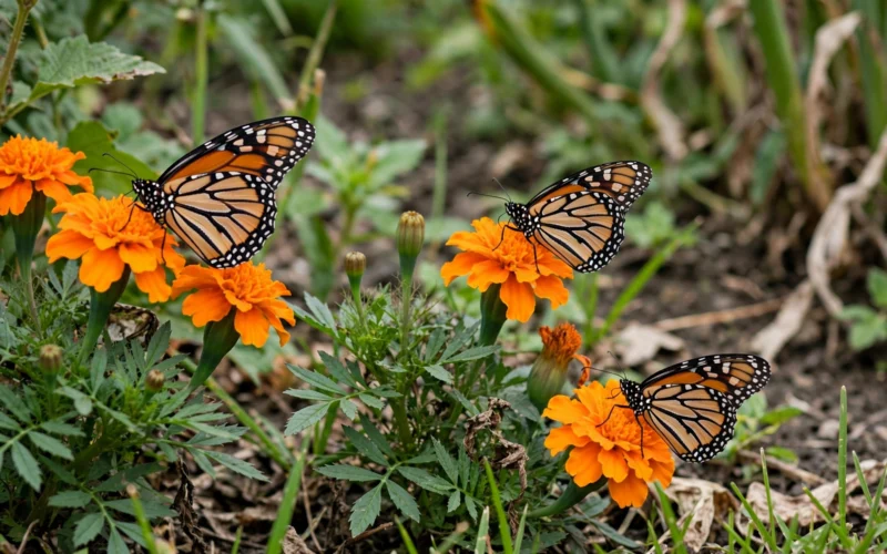 Monarch butterflies resting on orange flowers in a garden
