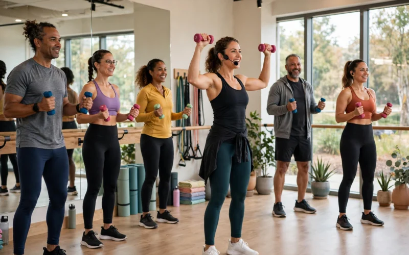 A new fitness instructor leads a group barre class at a Utah gym