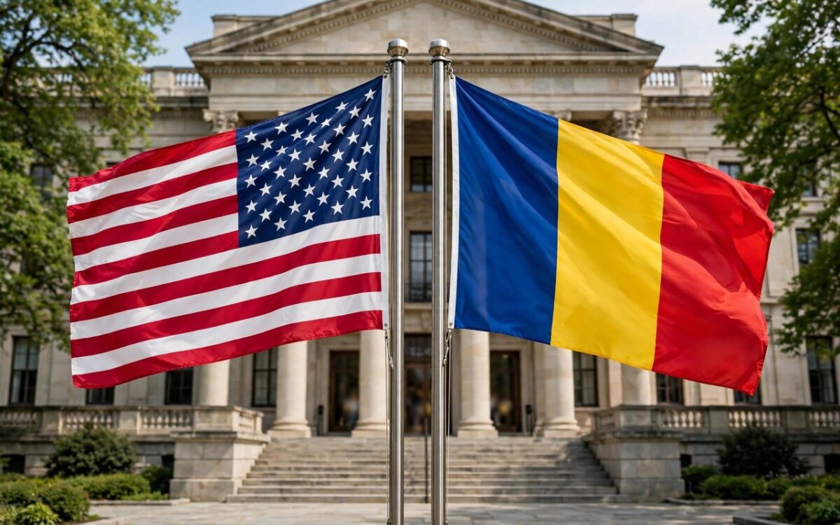 Flags of the United States and Romania side by side outside a government building
