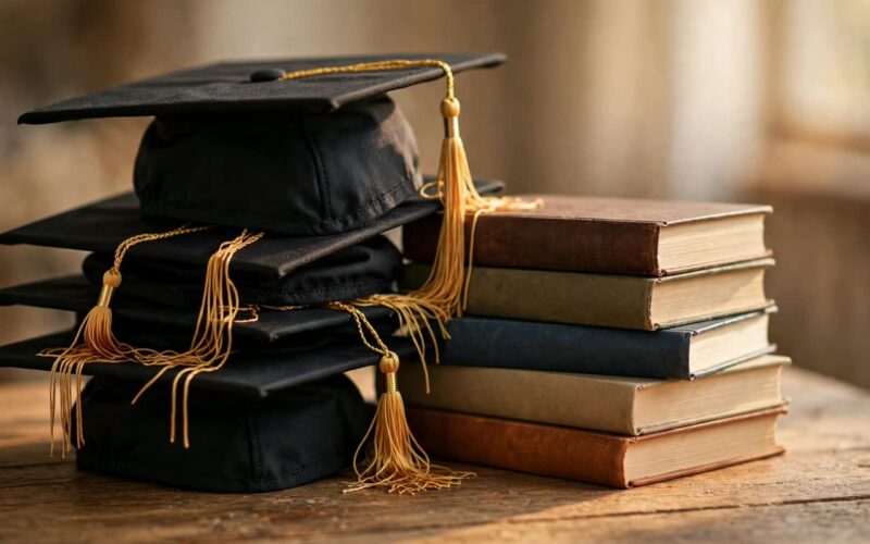 Graduation caps and books on a table in soft light