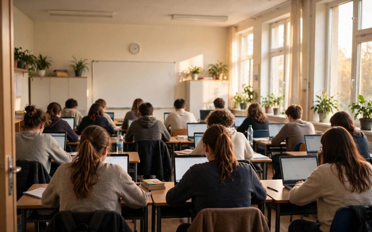 Students studying with laptops in a bright classroom