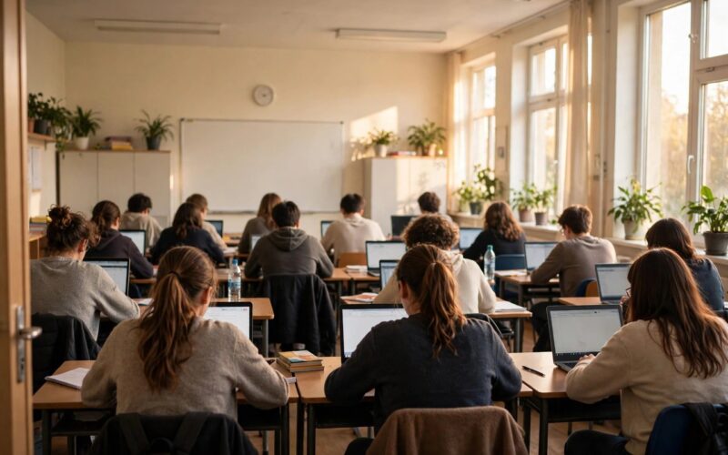 Students studying with laptops in a bright classroom