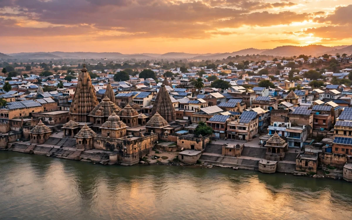 A photorealistic panoramic view of an Indian temple town along a river at sunset, with rooftop solar panels visible on buildings and a wide clean riverfront ghat in the foreground.