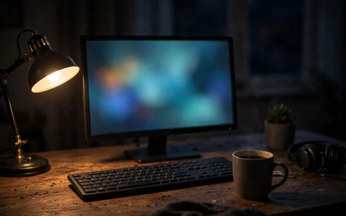 A dim home office desk at night with a softly glowing computer monitor showing a blurred interface, a desk lamp, keyboard and coffee mug.