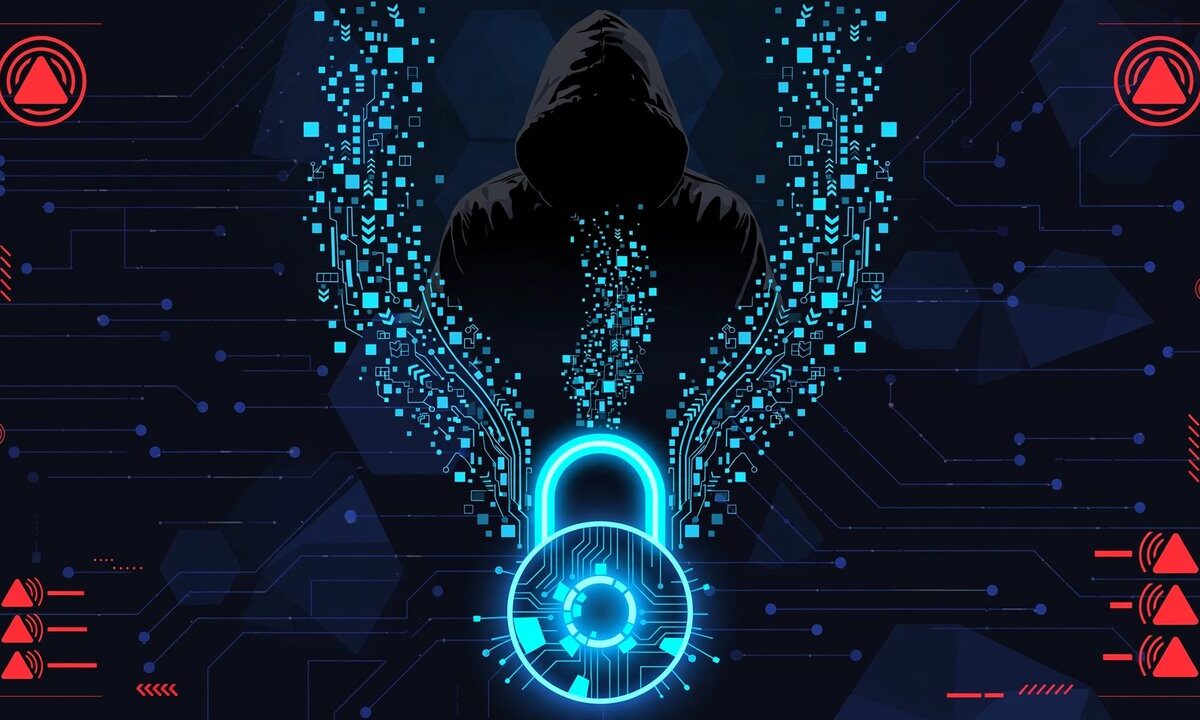Editorial illustration of a hacker hood figure over a digital lock with data streams
