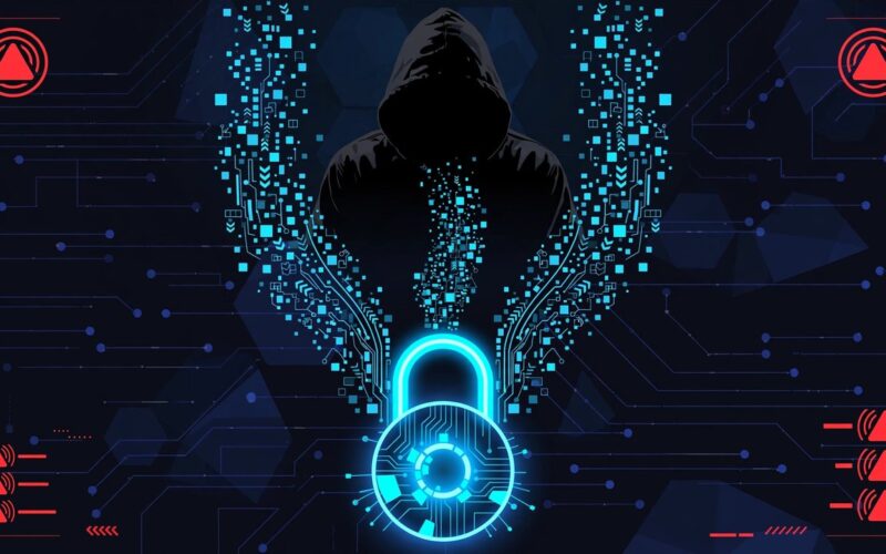 Editorial illustration of a hacker hood figure over a digital lock with data streams