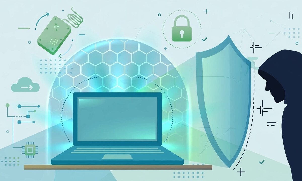 Explainer illustration of ransomware protection with shield and backup symbols