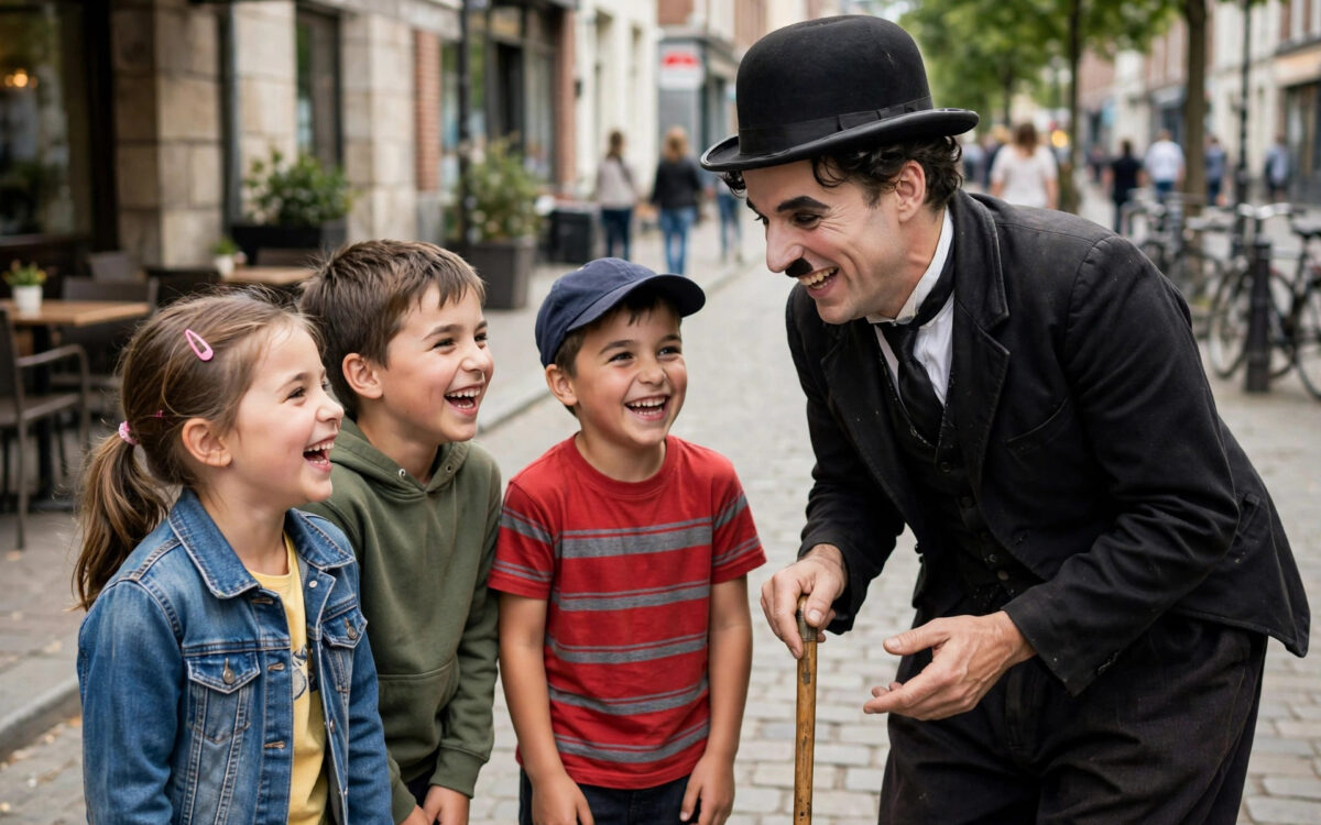 Street performer dressed as Charlie Chaplin entertaining children