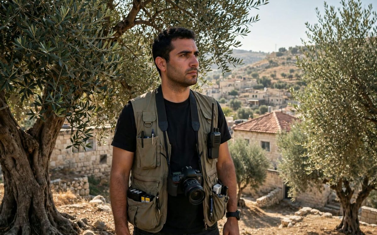 Journalist with press-marked camera equipment near an olive grove in the West Bank