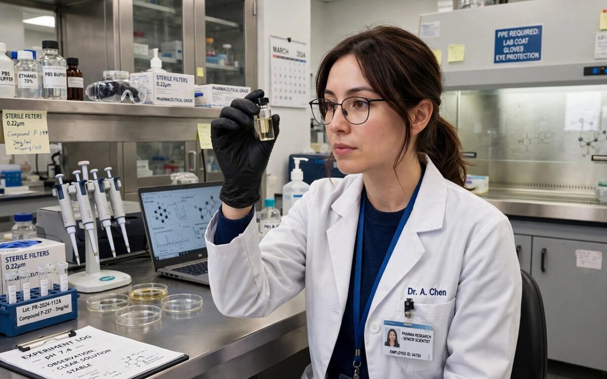 Researcher holding a vial in a pharmaceutical laboratory