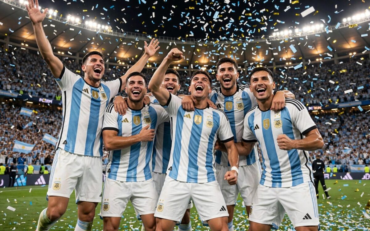 alt: Argentina players celebrate during the 7-0 win over Burkina Faso