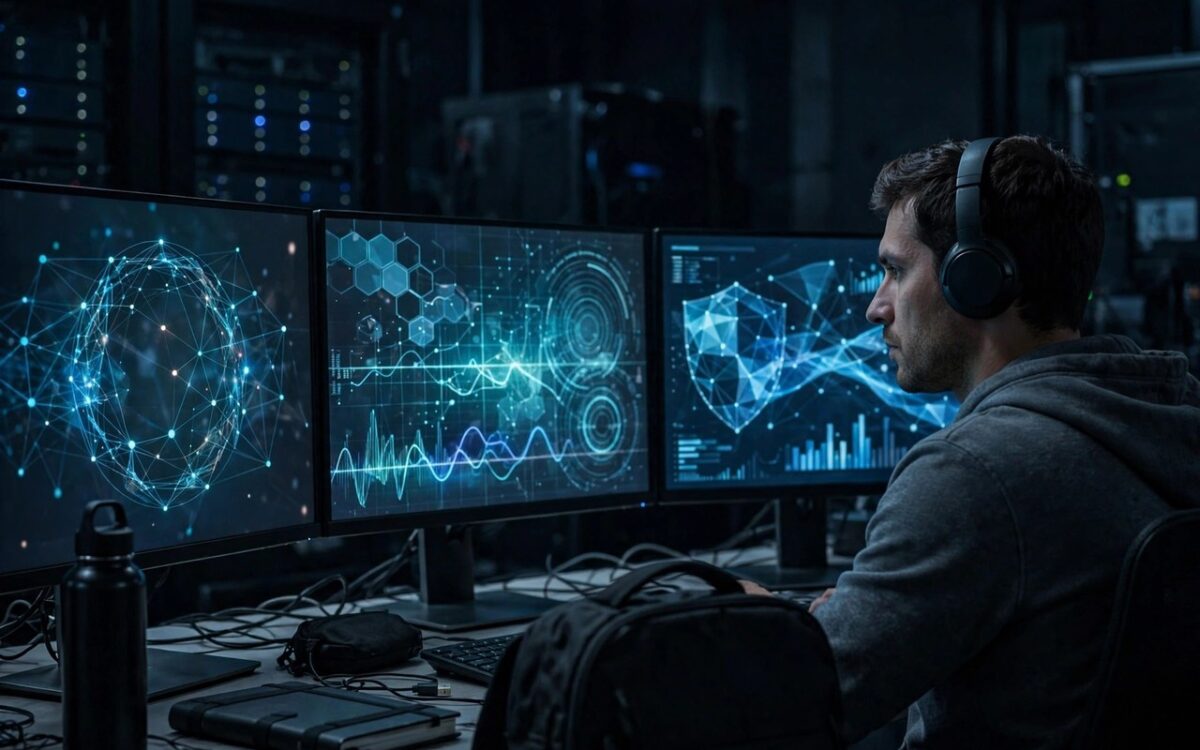 Computer screens showing code in a cybersecurity operations room