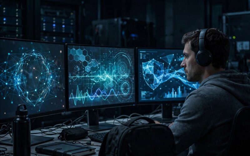 Computer screens showing code in a cybersecurity operations room