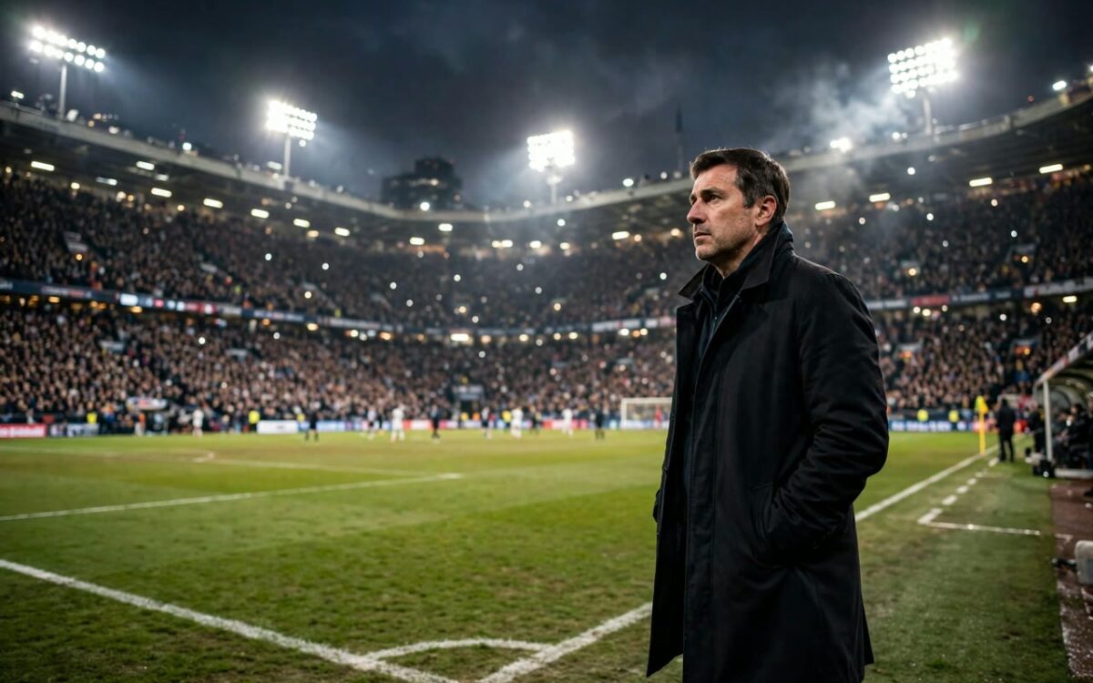 Football manager on the touchline of a packed stadium