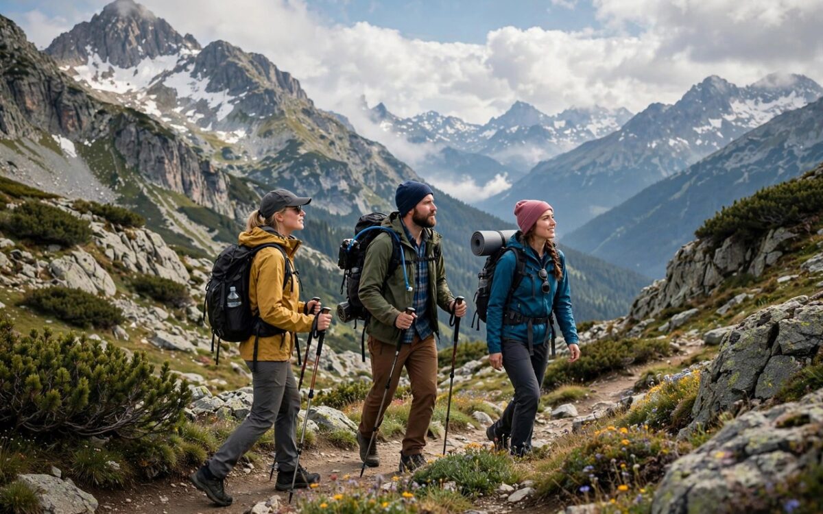 Travelers hiking through a mountain landscape on an adventure trip