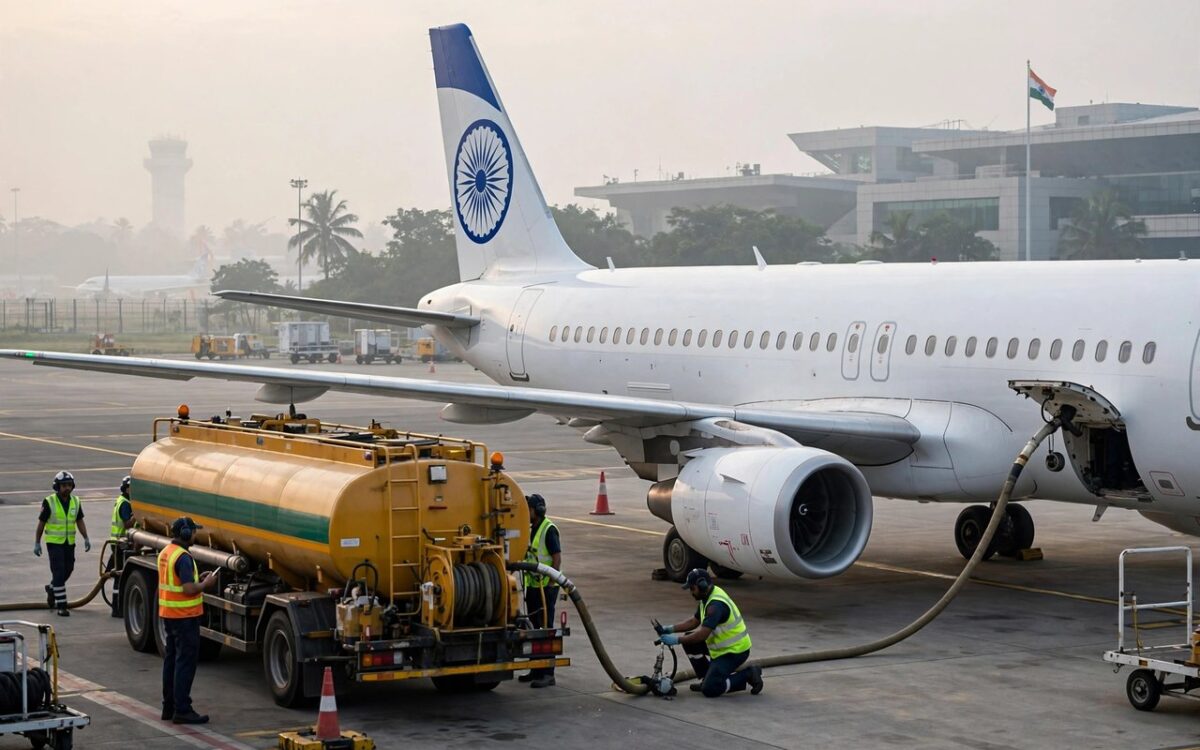 Airplane being refuelled on airport tarmac