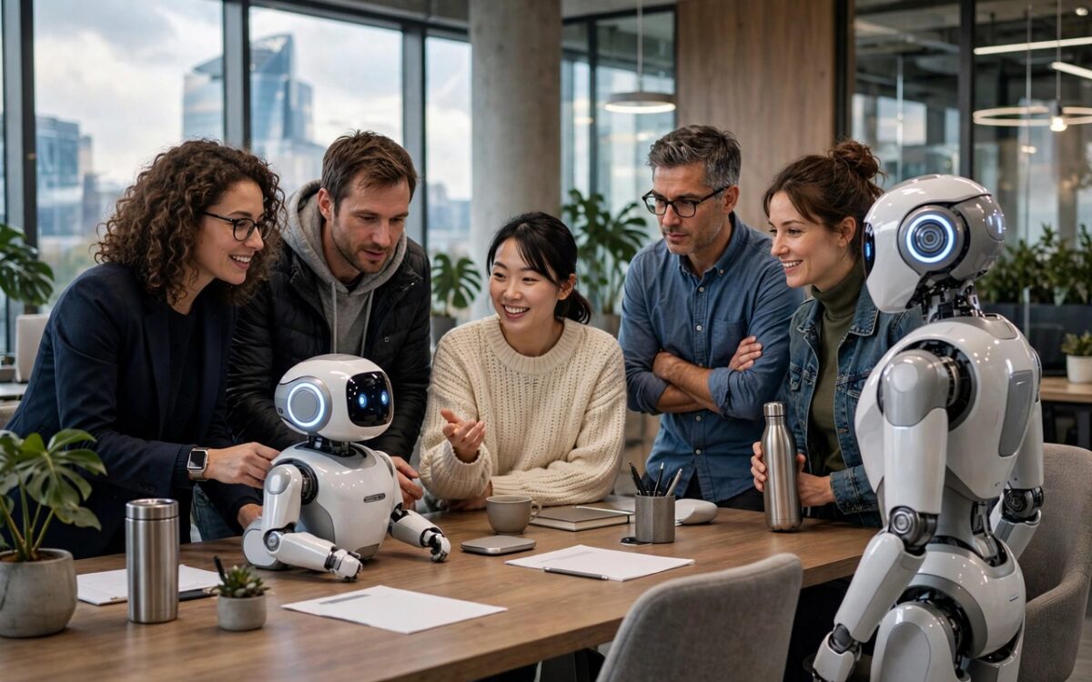 Team collaborating with holographic network visualization