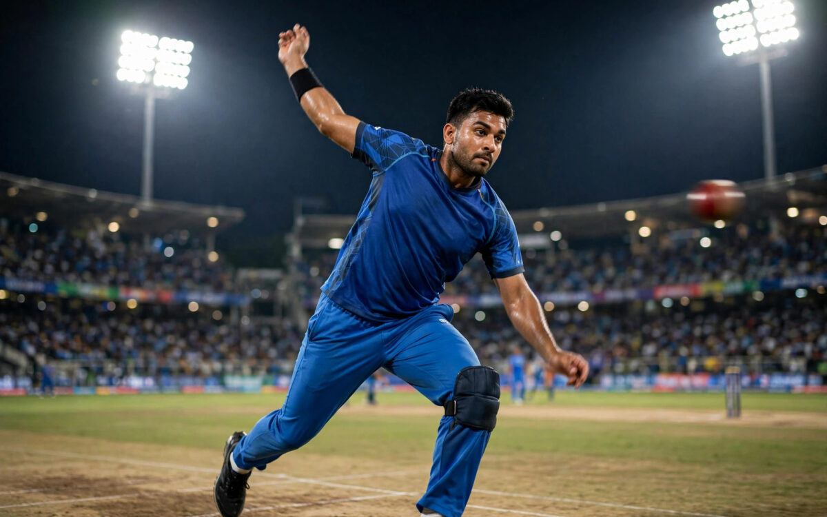 Indian fast bowler delivering a ball in a T20 match