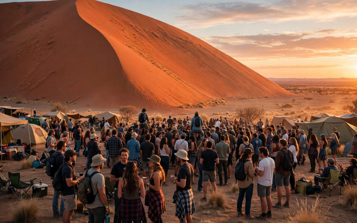 Outback music festival crowd at sunset near a red sand dune