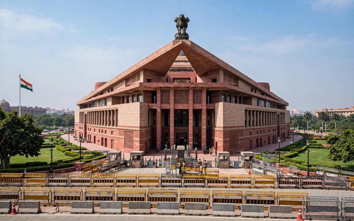 Parliament building in New Delhi with security barricades