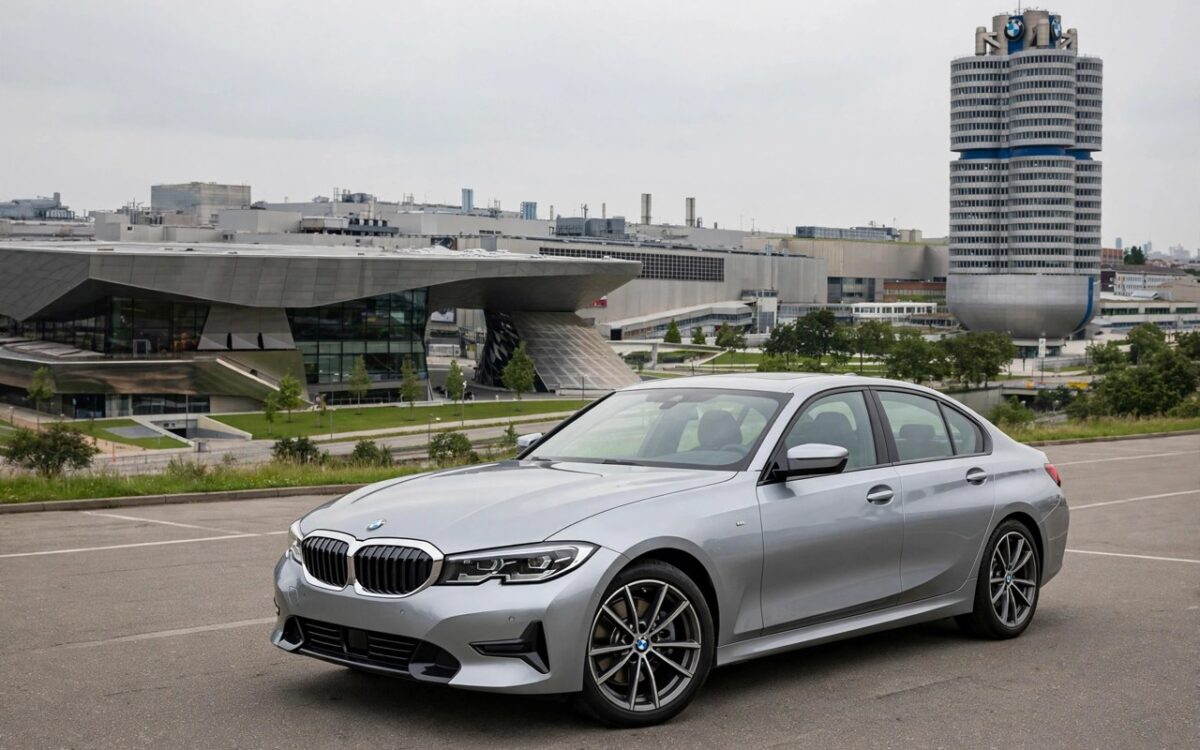 alt: New BMW 3 Series in front of the Munich plant