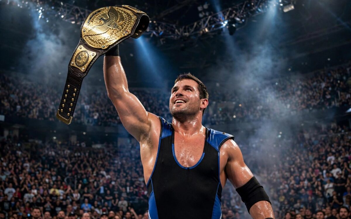 Wrestler celebrating with a championship belt in an arena