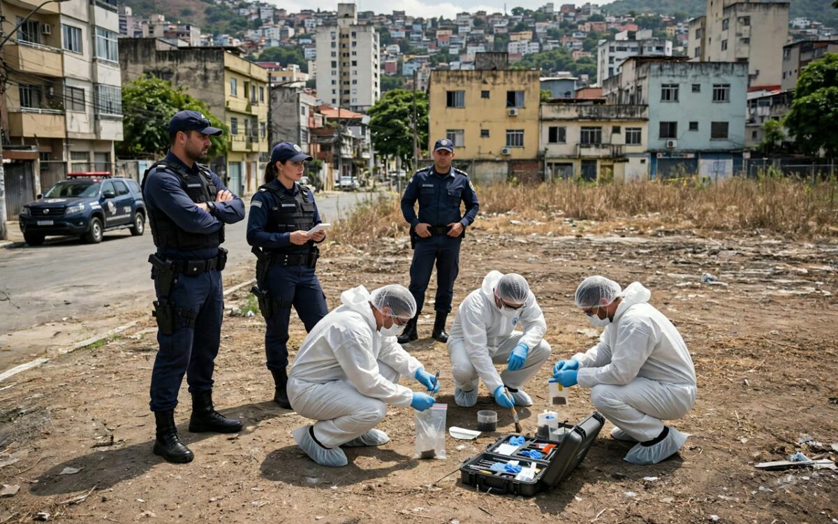 Police officers securing a cordoned-off vacant lot in Sao Paulo