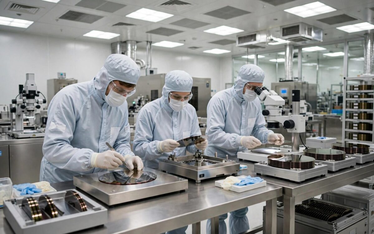 alt: Engineers inspecting silicon wafers inside a chip fabrication plant