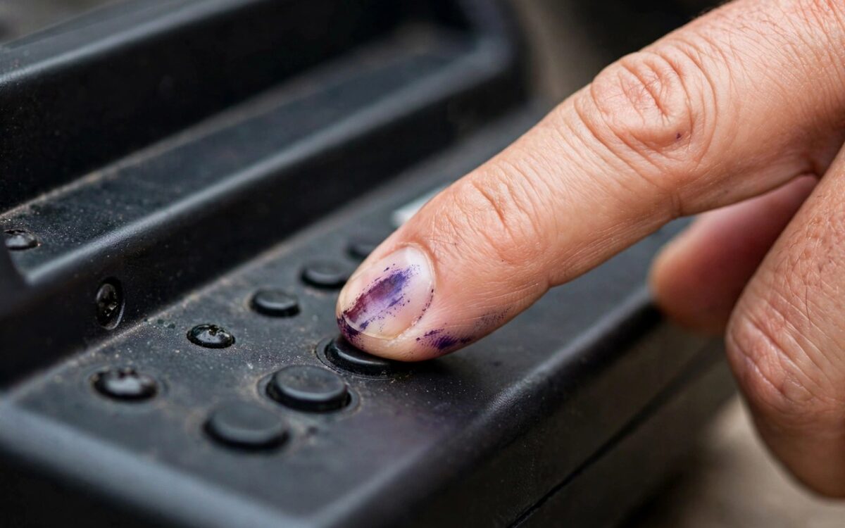 Electronic voting machine with ink-marked finger concept