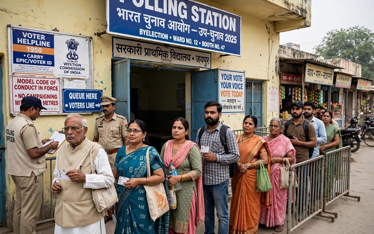 Voters queueing outside a polling station during an Indian byelection
