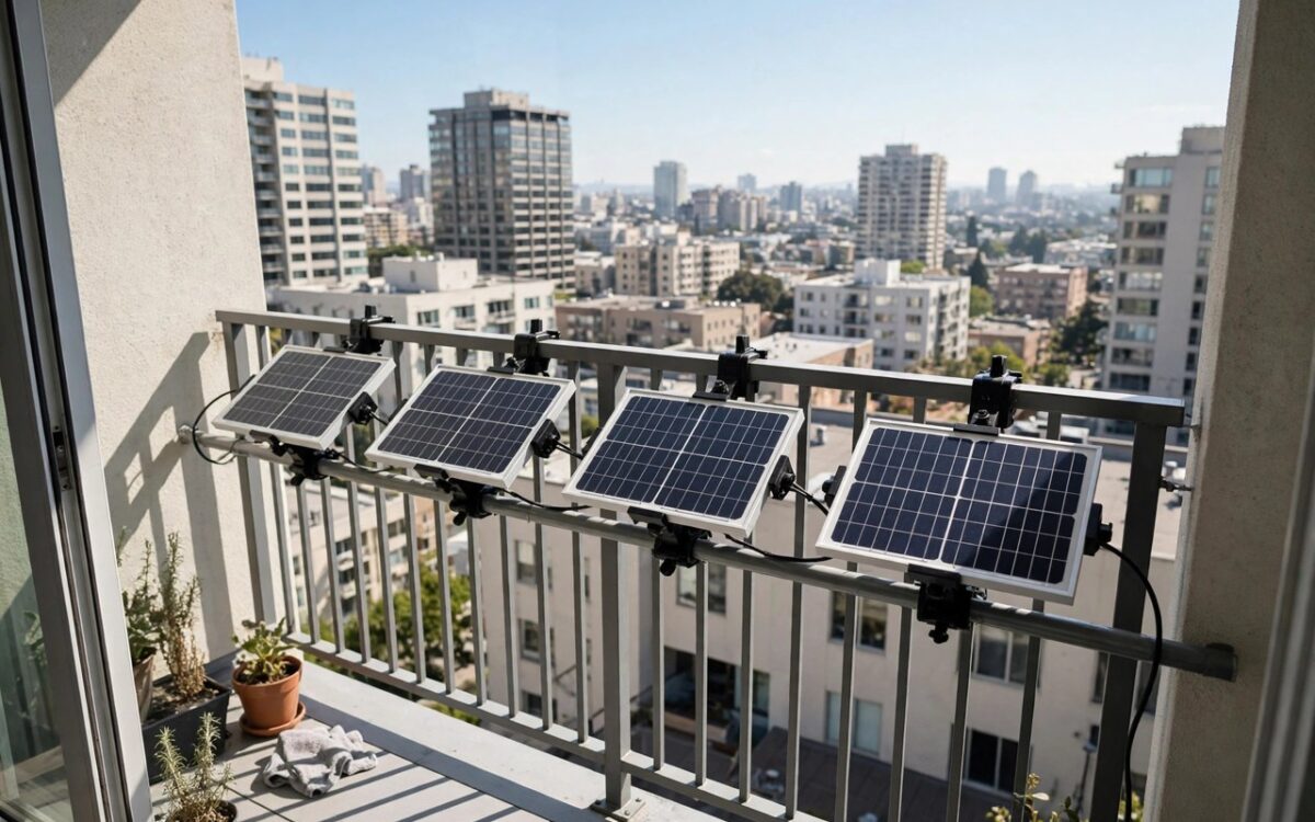 alt: Balcony solar panels installed on an apartment railing