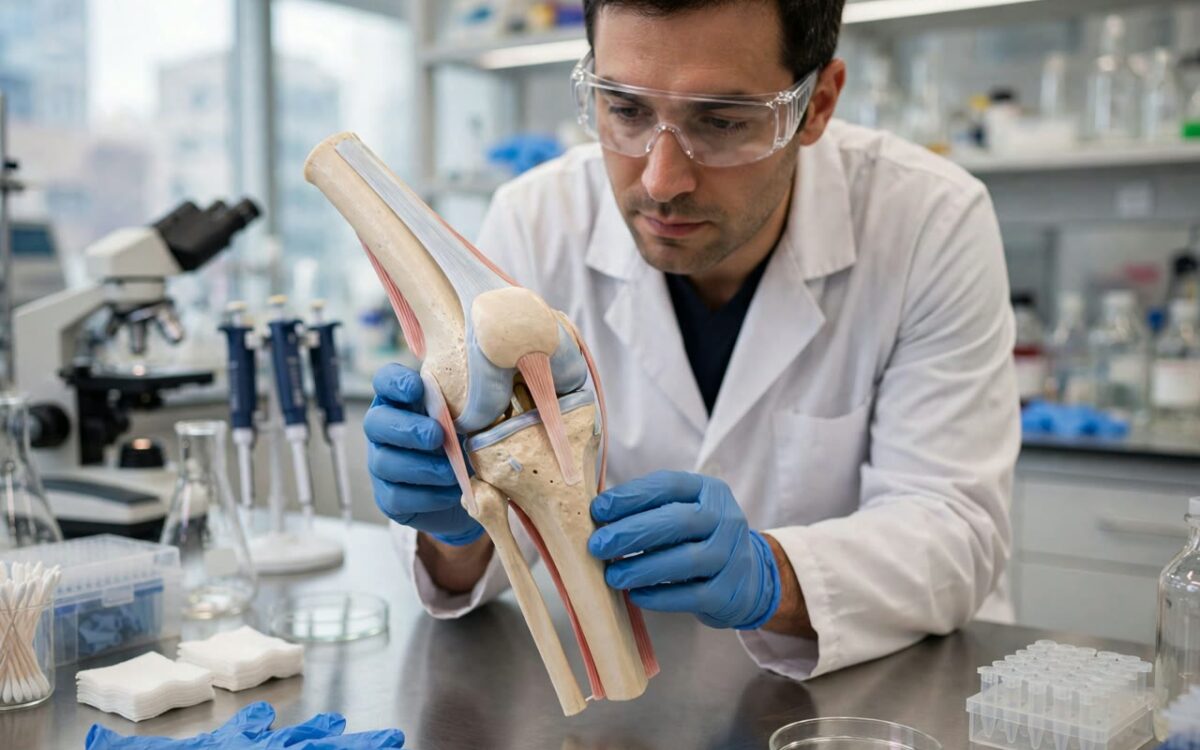 Scientist examining a 3D model of a human knee joint in a lab